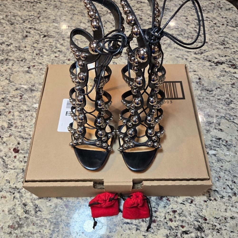 NEW Christian Louboutin Amazoubille Ghille Cage Black Studded Heels Size 7.5 - Picture 2 of 13